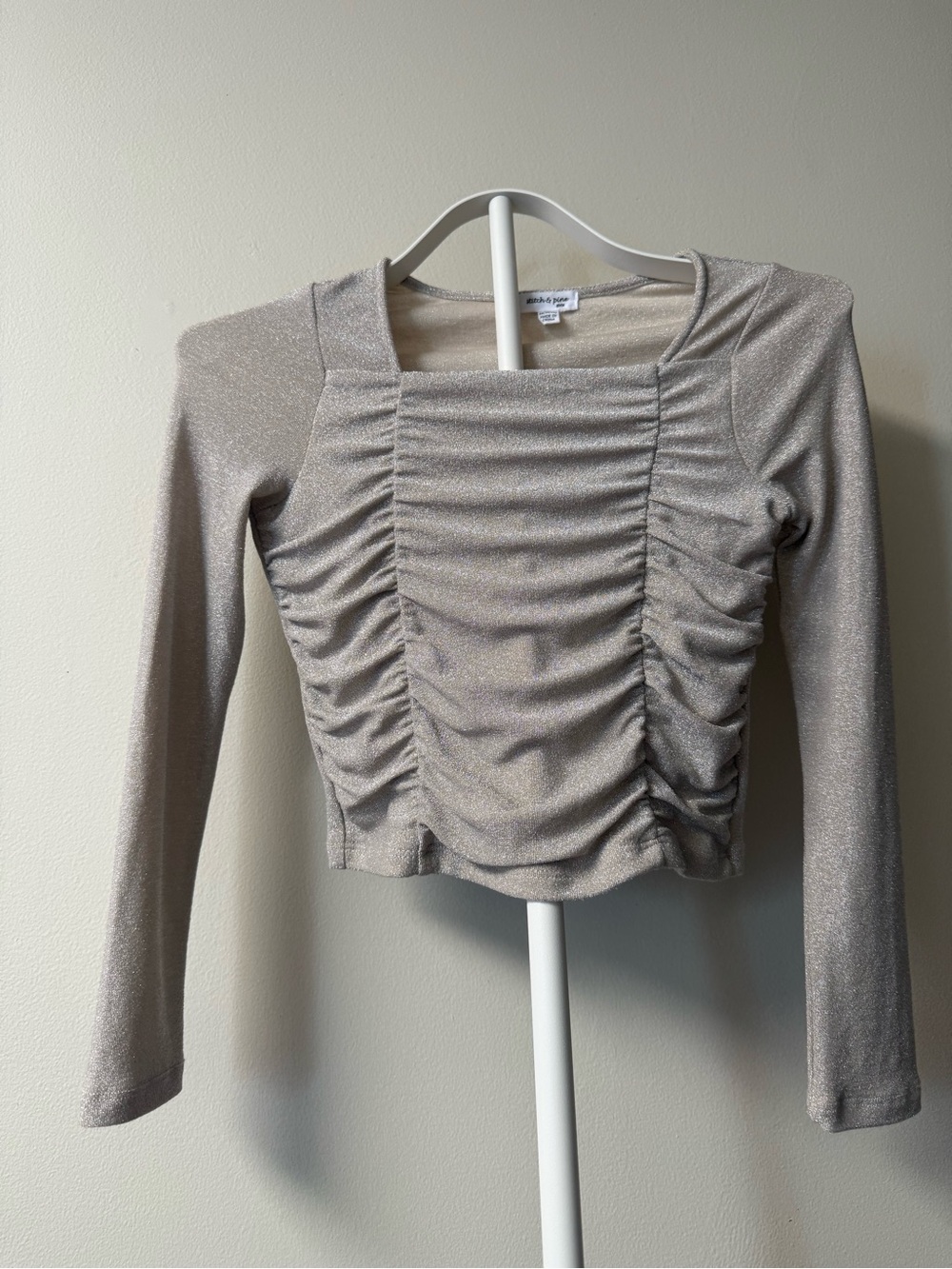 Stitch & Pine Girls Gold Shimmer Ruched Long Sleeve Square Neck Top 10/12